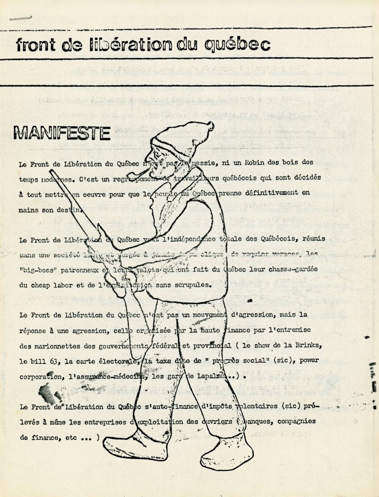 Première page du Manifeste du FLQ, diffusé à Radio-Canada en octobre 1970.