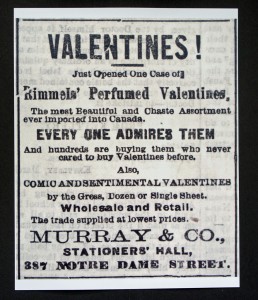 Advertisement describing the range of valentines available from the stationer Murray & Co., in The Gazette