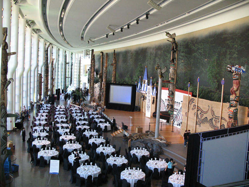 A large room filled with tables and chairs.