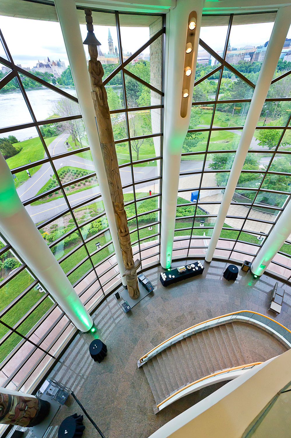 A view of a building from the top of a stairway, capturing the enchanting beauty of Haida Gwaii.