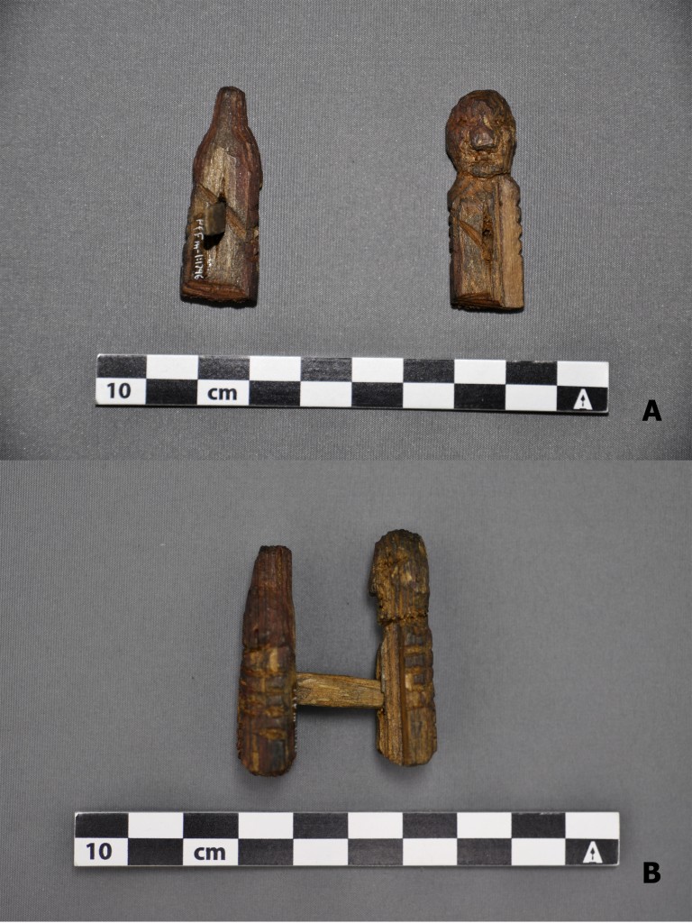 Wooden polar bear carving with an inserted sliver, next to a human carving with a incised slot. The two may have been made to be joined together. If so, they indicate a very close spiritual connection between the Dorset and polar bears. Canadian Museum of History, IMG2014-0118-0007-Dm 