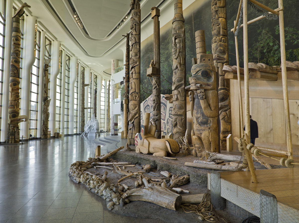 The Canadian Museum of History in Ottawa features a room adorned with numerous totem poles.