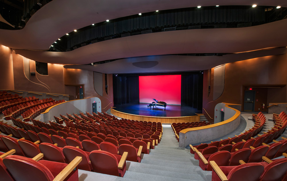 The Canadian Museum of History in Ottawa features an impressive auditorium adorned with red chairs and a striking red stage.