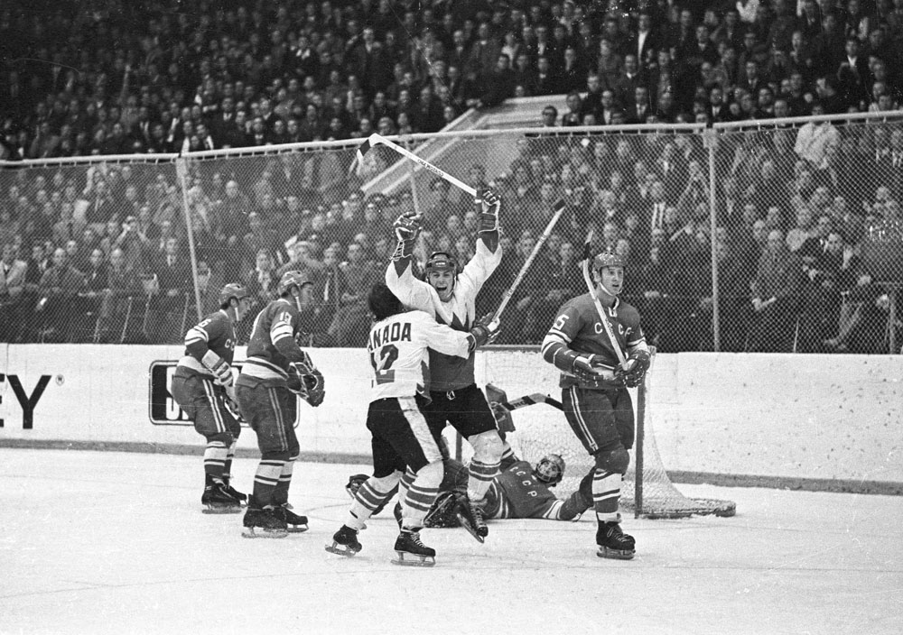 Paul Henderson’s series-winning goal Summit Series final game in Moscow 1972 Photo by Frank Lennon Library and Archives Canada, e008440339 ©Estate of Frank Lennon