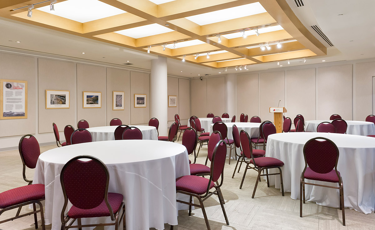 A large conference room with tables and chairs located in the Canadian Museum of History in Ottawa.