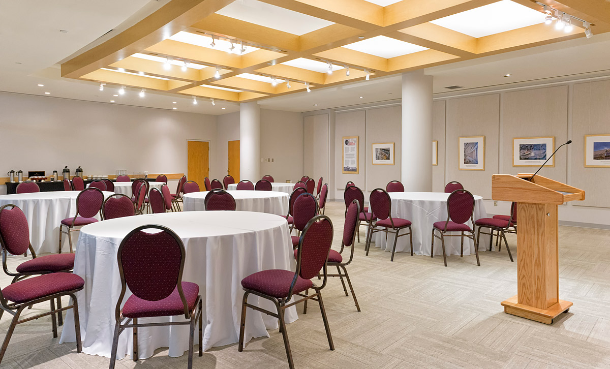 A large conference room with tables and chairs located at the Canadian Museum of History in Ottawa.