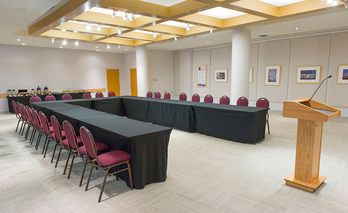 A conference room with a long table and chairs located at the Canadian Museum of History in Ottawa.