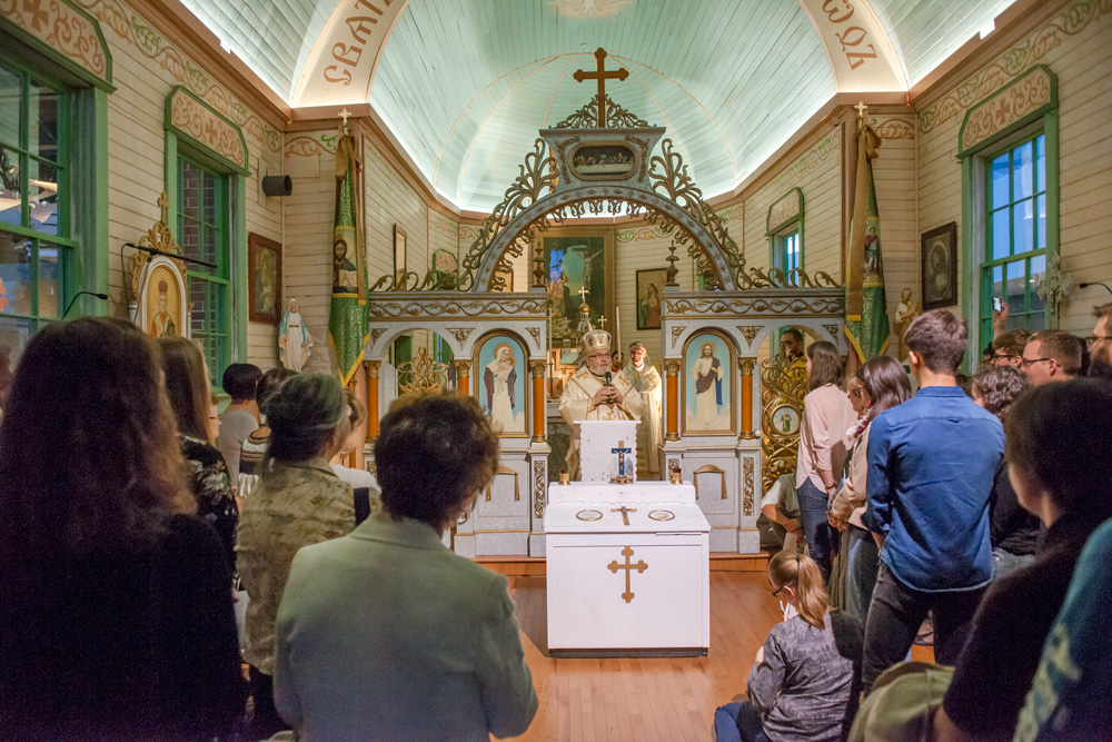 Archbishop Lawrence Huculak, Metropolitan of the Ukrainian Catholic Church in Canada, leads the service inside St. Onuphrius. 