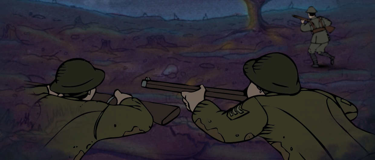 A cartoon of two soldiers shooting at each other in Ottawa, displayed at the Canadian Museum of History.