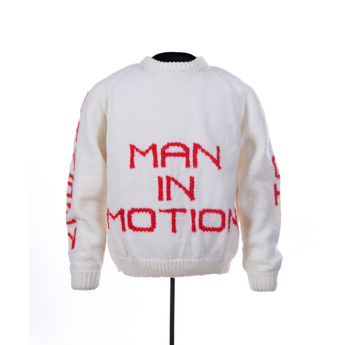 A white sweater with the words "man in motion" at the Canadian Museum of History in Ottawa.