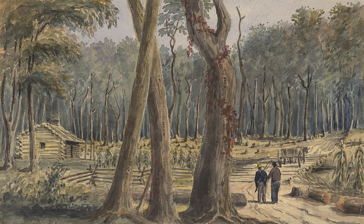 A painting of two people walking through a forest in Ottawa, displayed at the Canadian Museum of History.