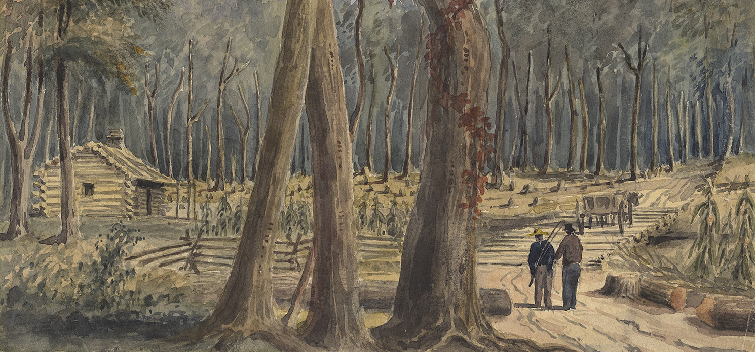 A painting of two men standing in a wooded area, displayed at the Canadian Museum of History in Ottawa.