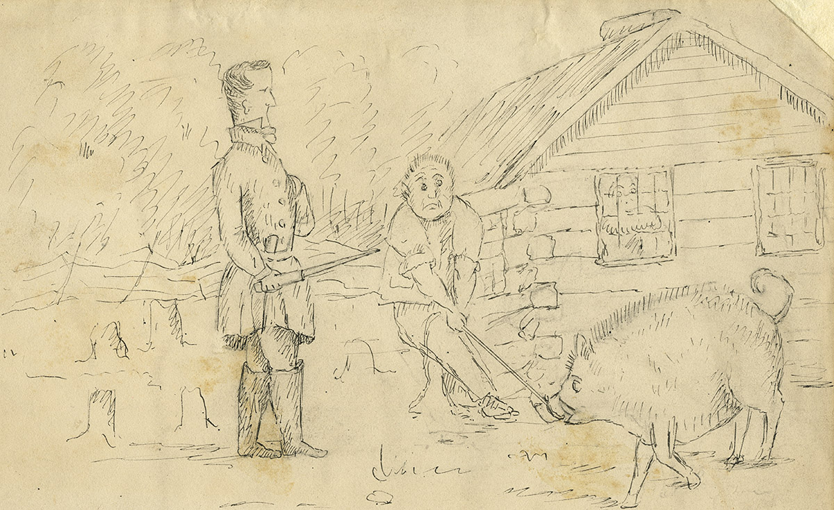 A drawing of a man and a dog in front of the Canadian Museum of History in Ottawa.