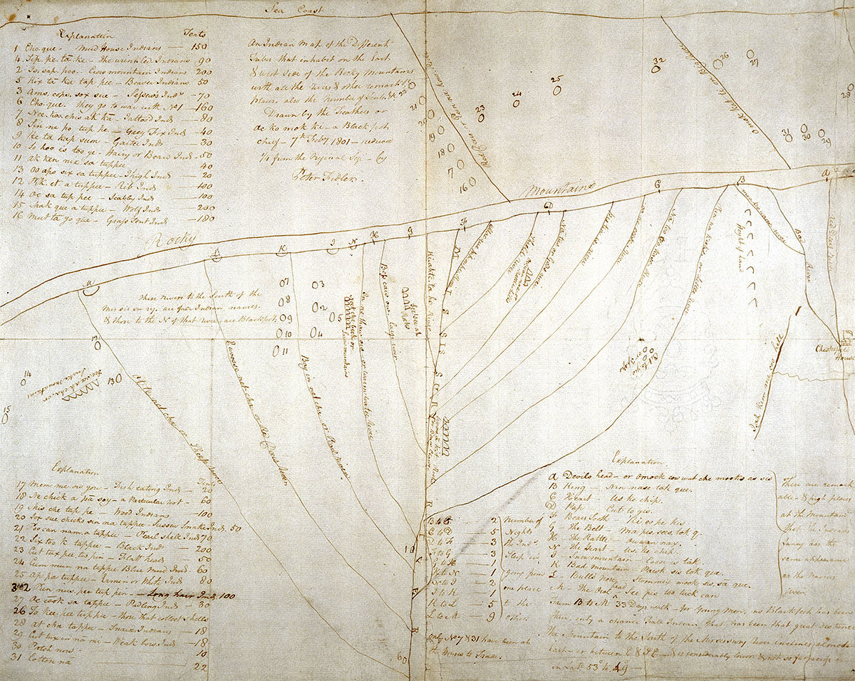 A map of a forest with writing on it, located in Ottawa at the Canadian Museum of History.