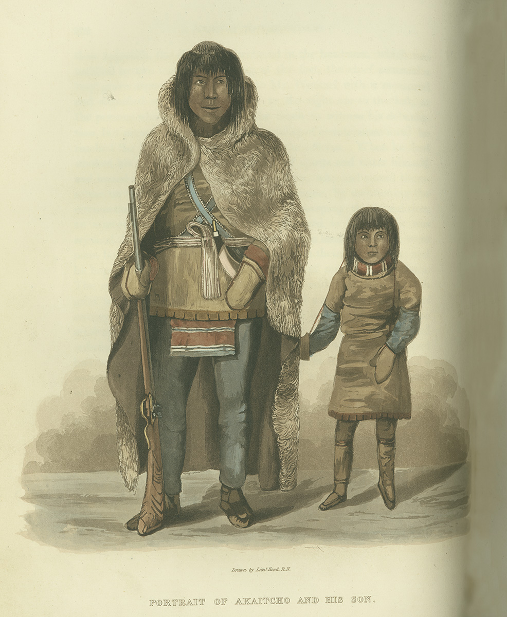 A picture of a man and a girl in a fur coat at the Canadian Museum of History.