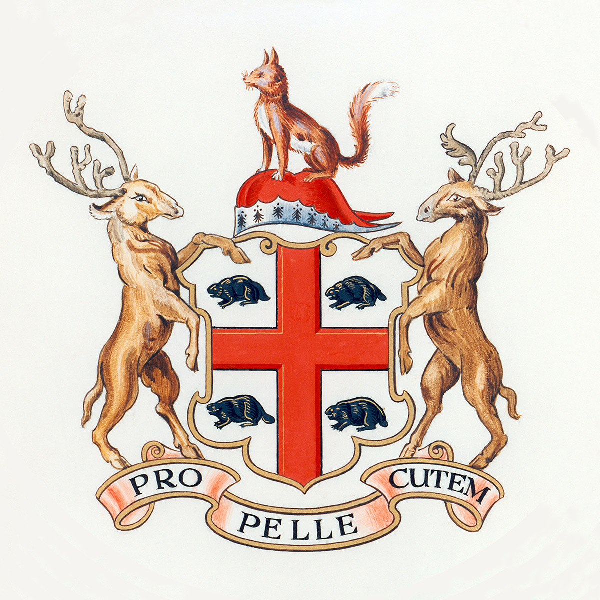 A coat of arms featuring a lion and a deer on display at the Canadian Museum of History in Ottawa.