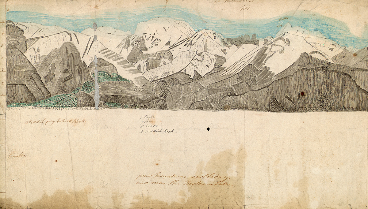 A drawing of a mountain range in Ottawa with mountains in the background at the Canadian Museum of History.