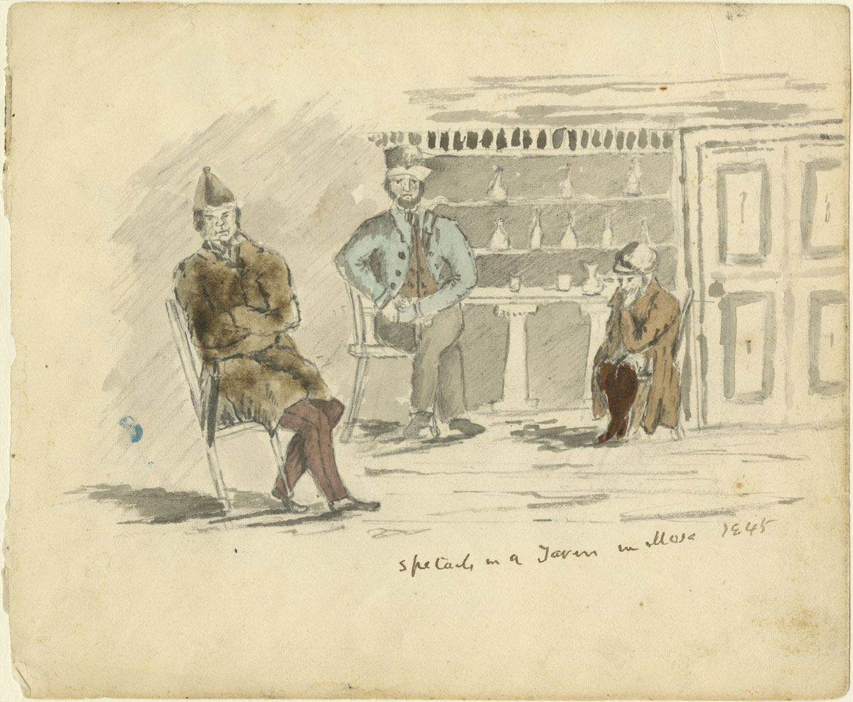 A drawing of two men sitting in a room in Ottawa at the Canadian Museum of History.