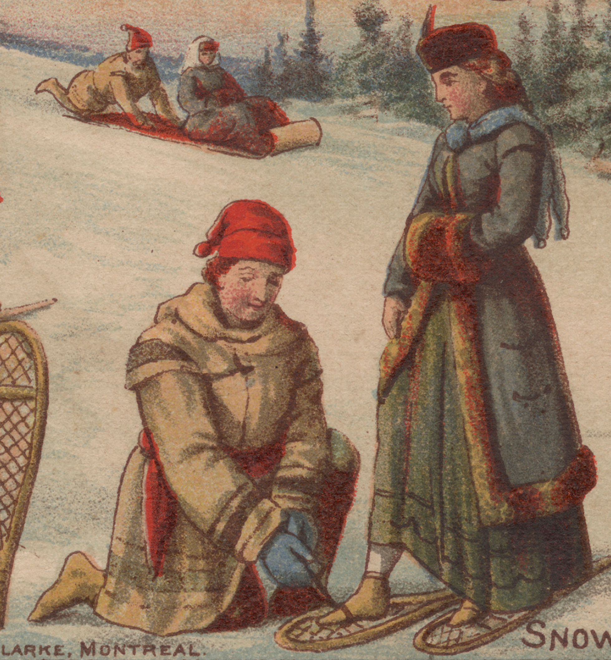 A postcard featuring women with sleds from the Canadian Museum of History, in Ottawa.