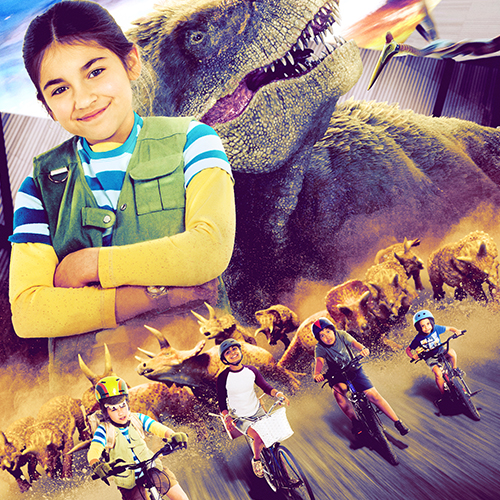 A movie poster featuring a girl riding a bike next to a dinosaur at the Canadian Museum of History in Ottawa.