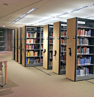 A row of bookshelves adorning the walls of a History Hall.