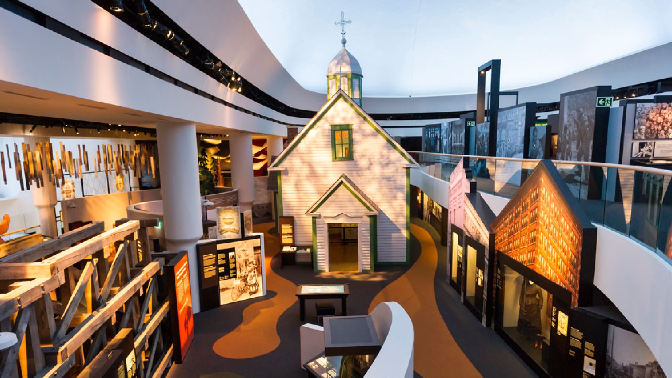 The interior of the Canadian Museum of History in Ottawa, with a church in the middle.