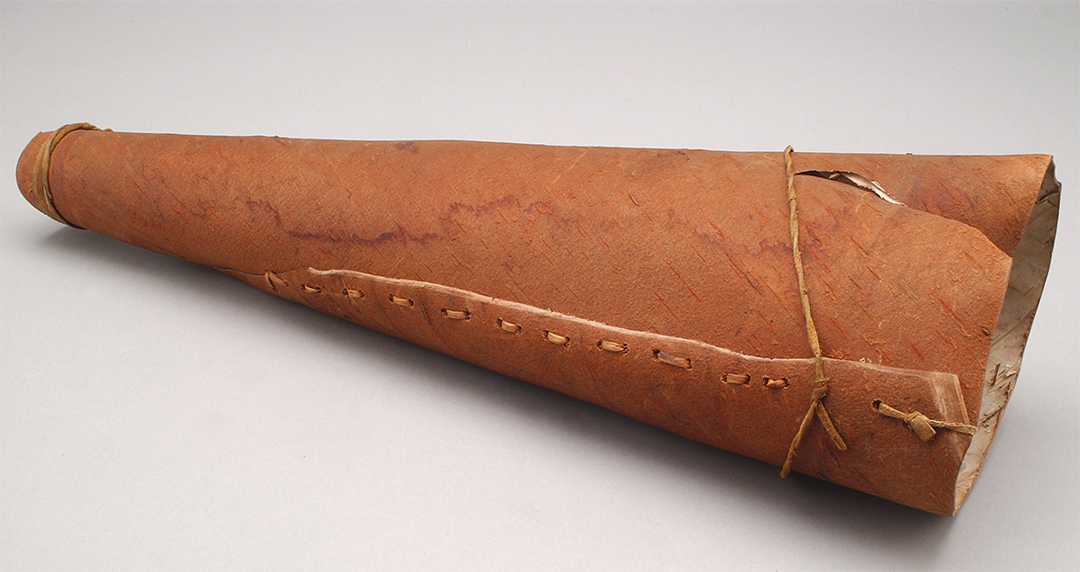 A brown leather cone on a white surface at the Canadian Museum of History in Ottawa.