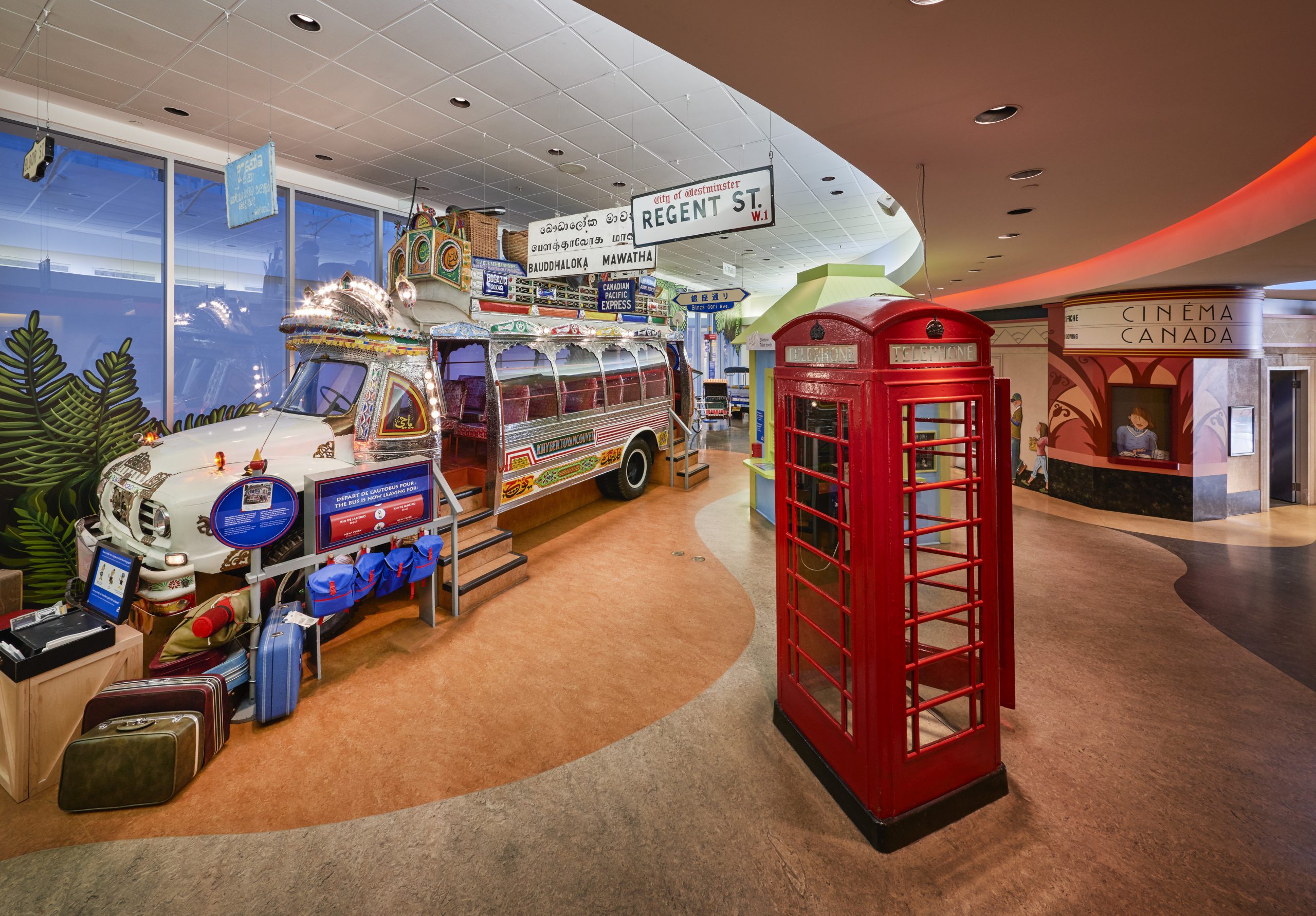 The Canadian Museum of History in Ottawa features a room adorned with a red bus and a red telephone booth.