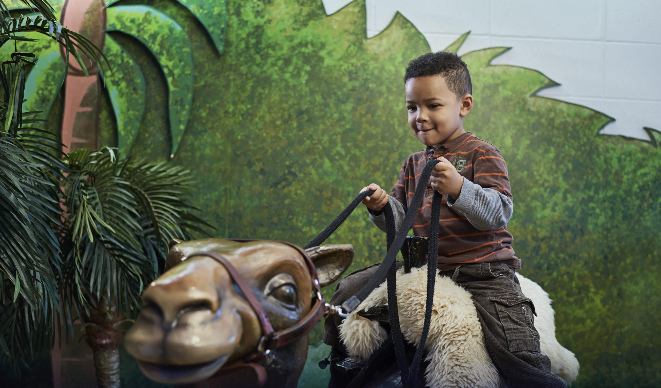 A young boy riding a camel at the Canadian Museum of History in Ottawa.