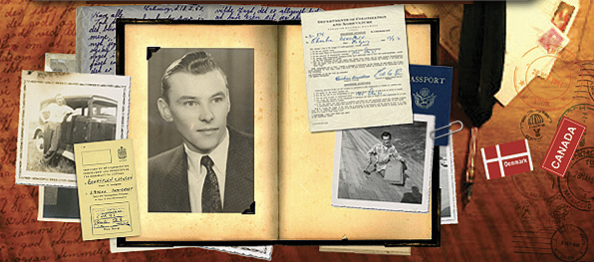 A book featuring a picture of a man and some papers, displayed at the Canadian Museum of History in Ottawa.