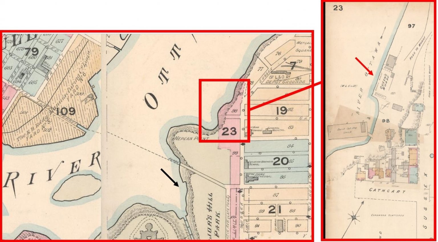 Ottawa insurance plan 1888-1901, with the position of the cholera wharf northeast of Nepean Point.