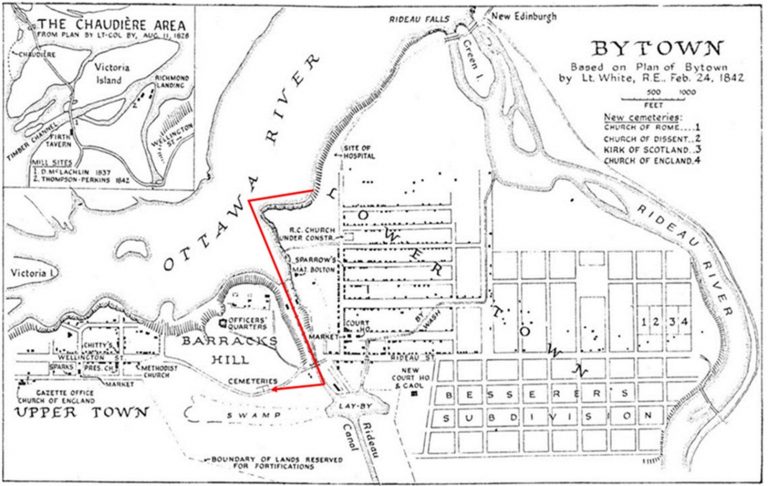 A map displaying the likely water route from the area of the Cholera Wharf and hospital to the Barrack Hill Cemetery.