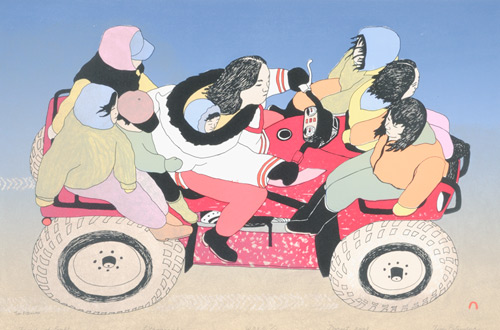 A painting of a group of people riding on a red ATV showcased at the Canadian Museum of History in Ottawa.