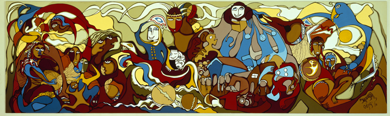 An abstract painting of a group of people on display at the Canadian Museum of History in Ottawa.