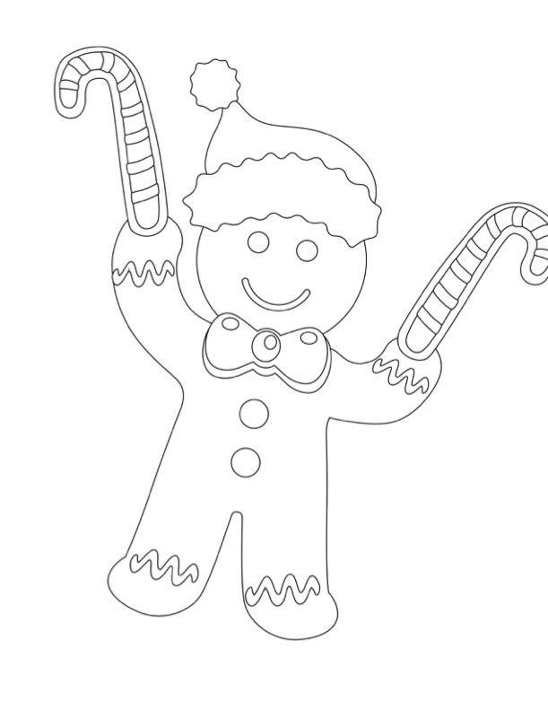 The outline of a ingerbread man holding candy canes coloring page inspired by the Canadian Museum of History in Ottawa.