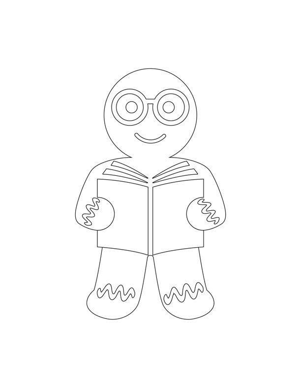 An outline drawing of a gingerbread man reading a book at the Canadian Museum of History in Ottawa.