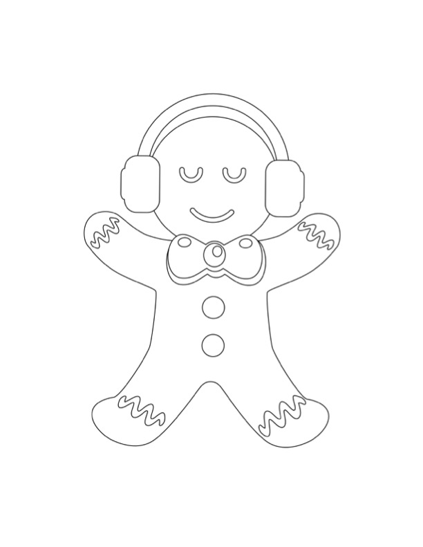 An outline drawing of a gingerbread man wearing headphones exhibited at the Canadian Museum of History in Ottawa.