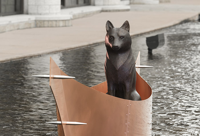 In Ottawa, at the Canadian Museum of History, there is an intriguing statue of a wolf sitting in a boat.