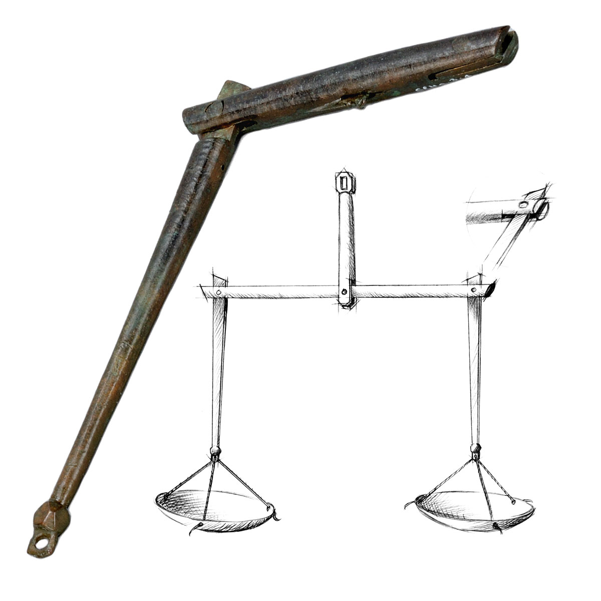 A drawing of a scale with a metal handle exhibited at the Canadian Museum of History in Ottawa.