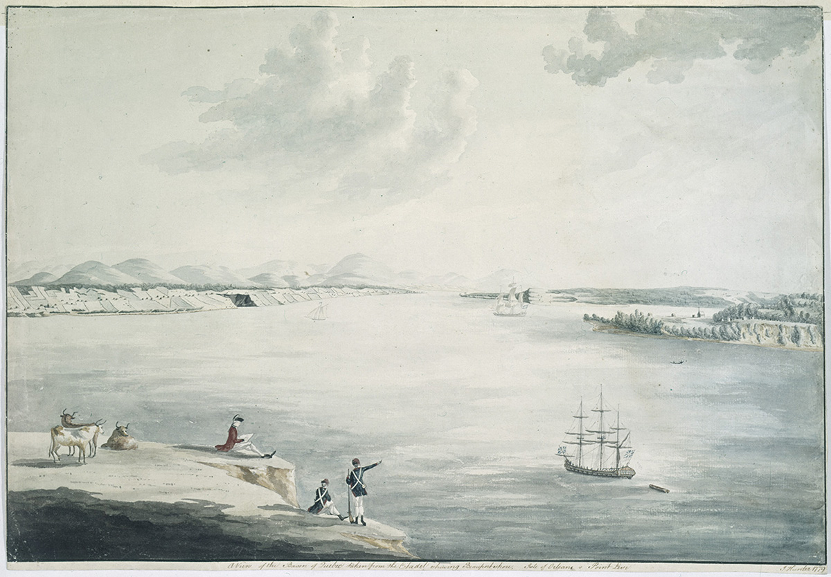 A drawing of a boat and people on a cliff overlooking a body of water, exhibited at the Canadian Museum of History in Ottawa.