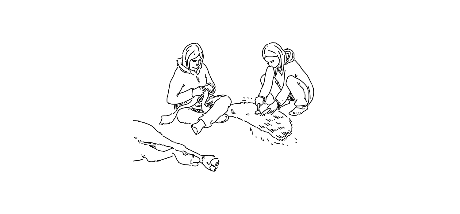 A black and white drawing of two people sitting on the ground at the Canadian Museum of History in Ottawa.