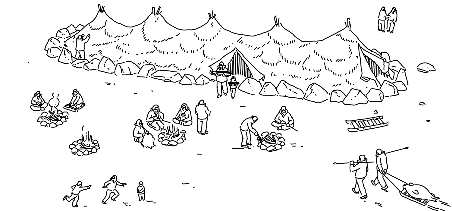 A drawing of a tent with people around it exhibited at the Canadian Museum of History in Ottawa.