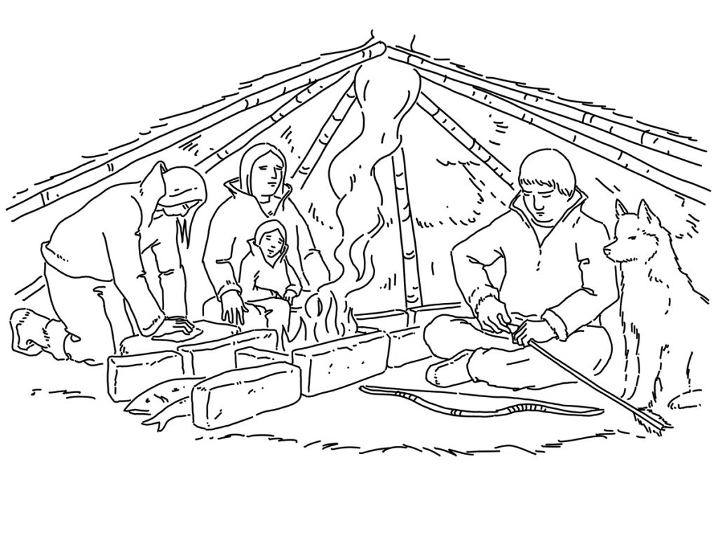 A group of people in a tent coloring page at the Canadian Museum of History.