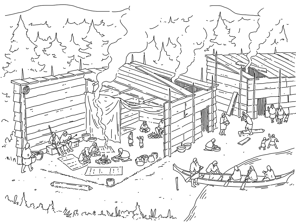 A drawing of a cabin with people in it, displayed at the Canadian Museum of History in Ottawa.