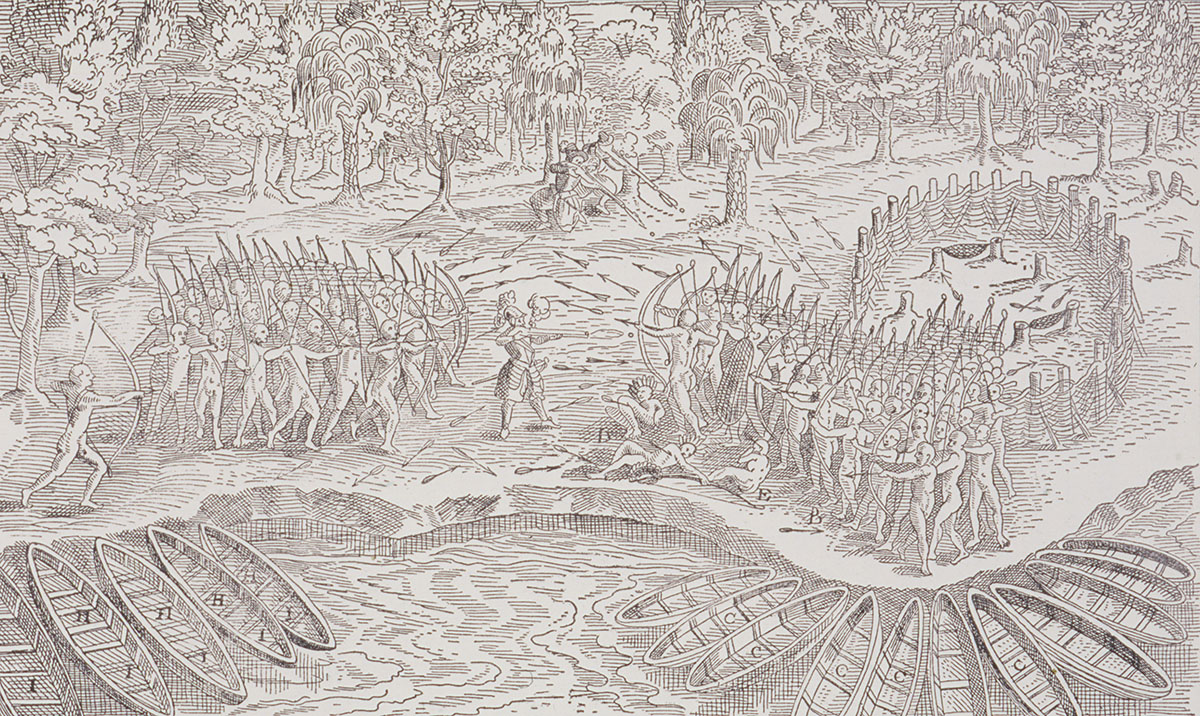 A black and white drawing of a group of people in canoes at the Canadian Museum of History in Ottawa.