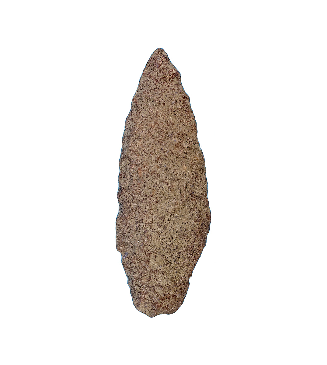 A stone arrowhead displayed at the Canadian Museum of History in Ottawa, on a white background.