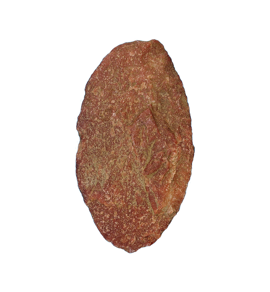 A red stone displayed at the Canadian Museum of History in Ottawa on a white background.