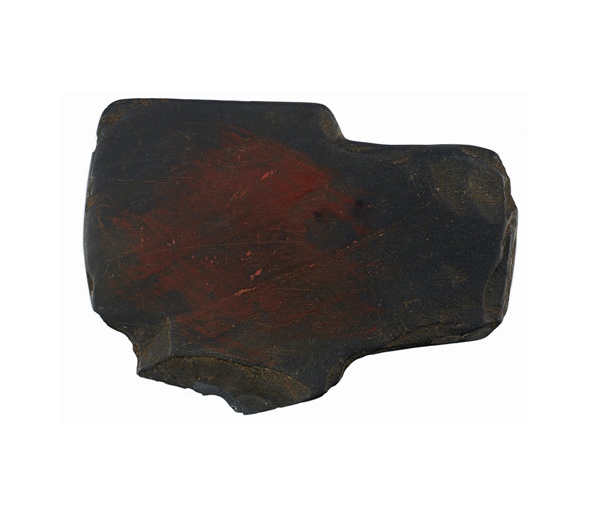 A piece of rock with red paint on it displayed in the Canadian Museum of History in Ottawa.