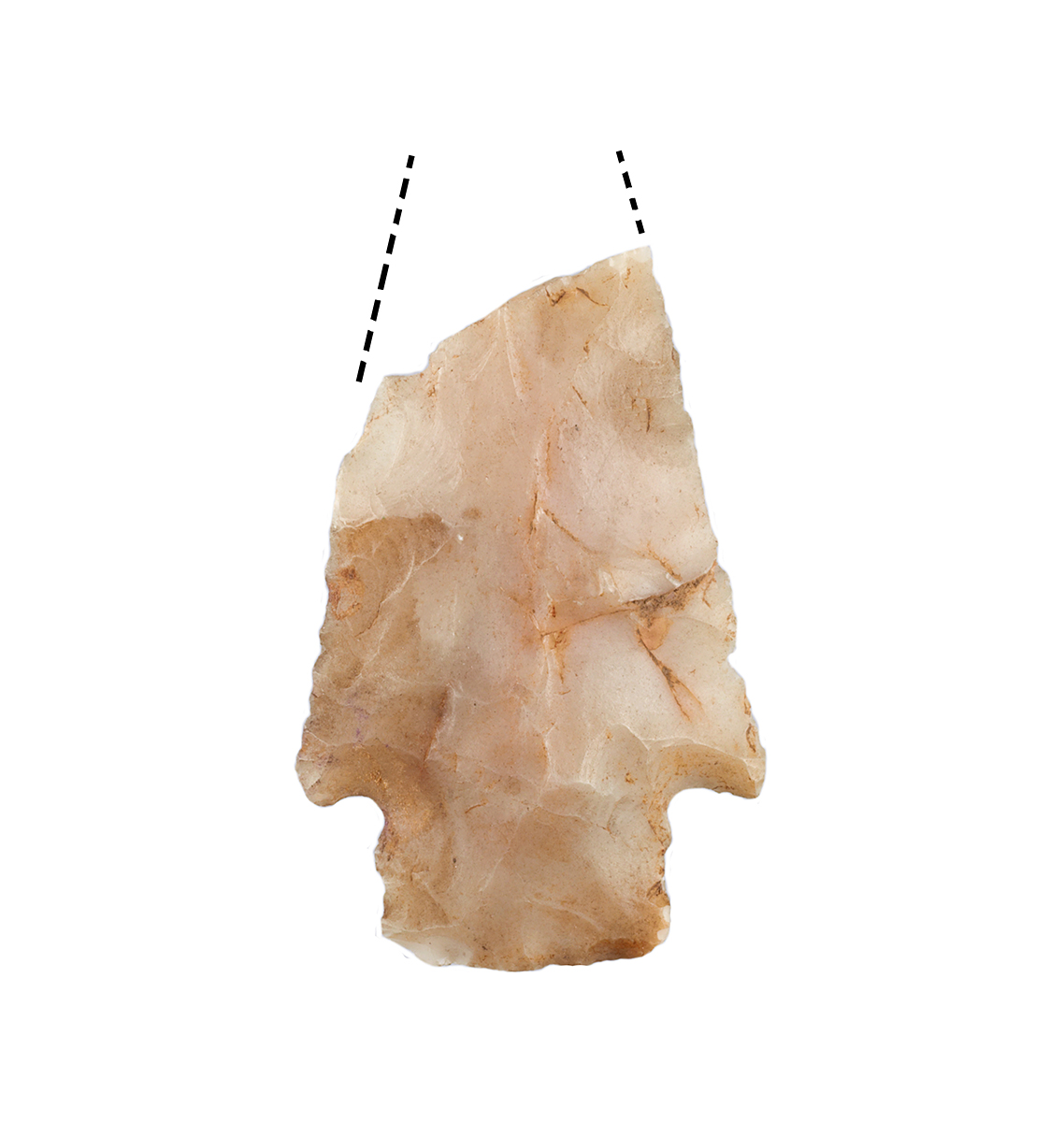 A stone arrowhead hanging from a string, on display atthe Canadian Museum of History in Ottawa.