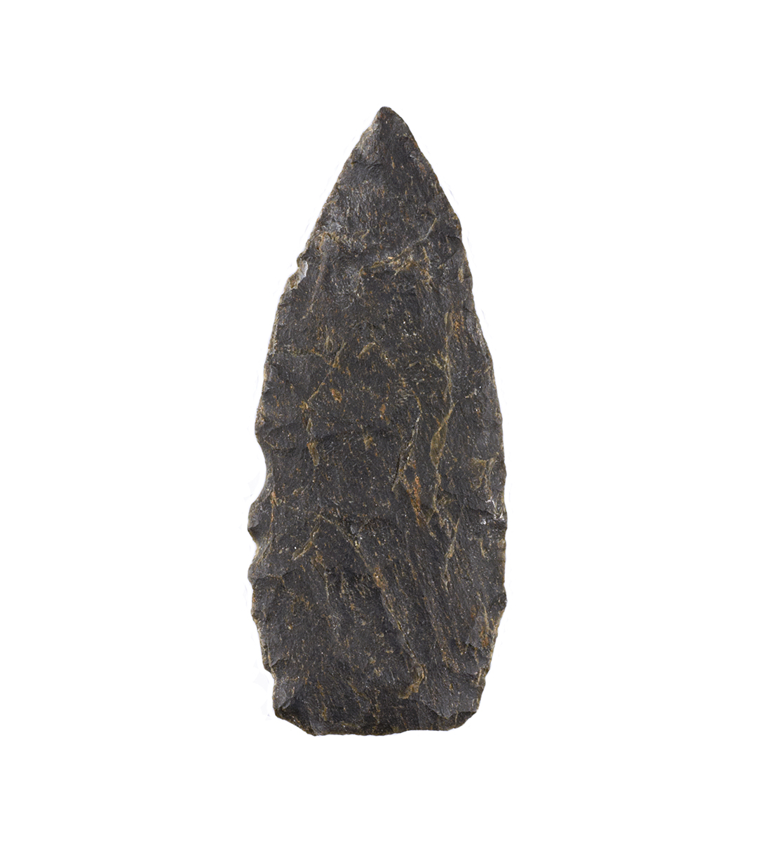 A stone arrowhead on a white background, showcased at the Canadian Museum of History in Ottawa.